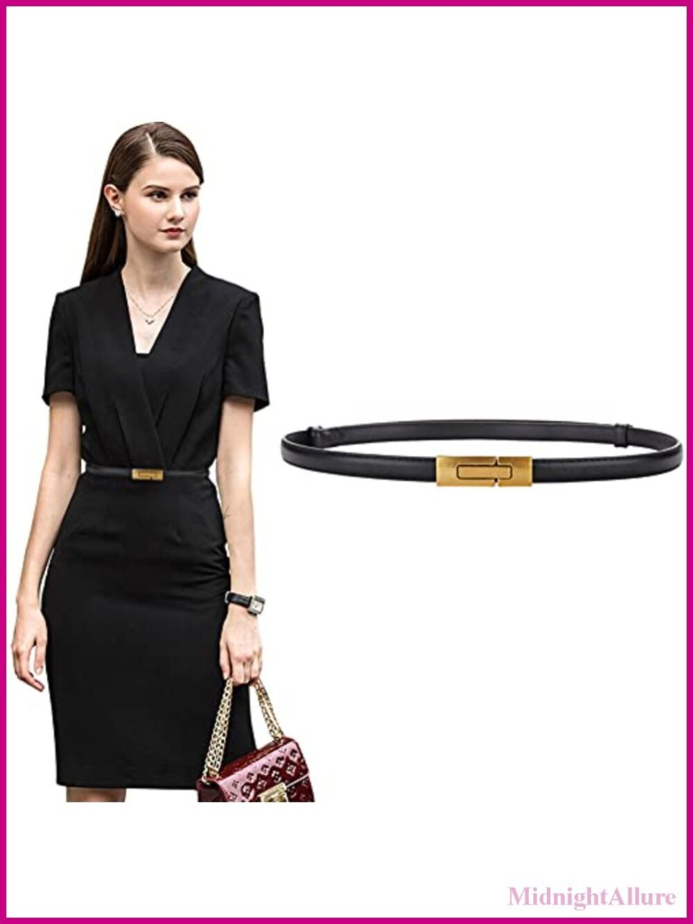Women's Leather Skinny Belt Adjustable Thin Waist Dress Belt Vintage Gold Buckle